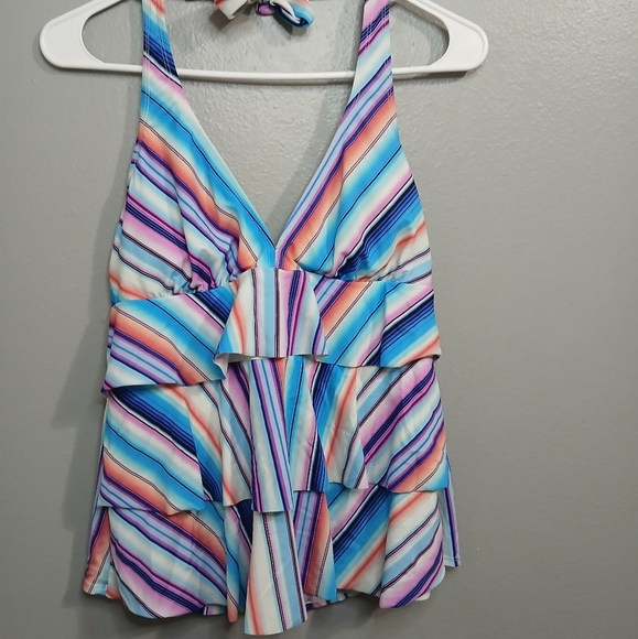 Halter Top 3 Ruffles Blue Pink Orange Swimwear Large - Picture 1 of 6